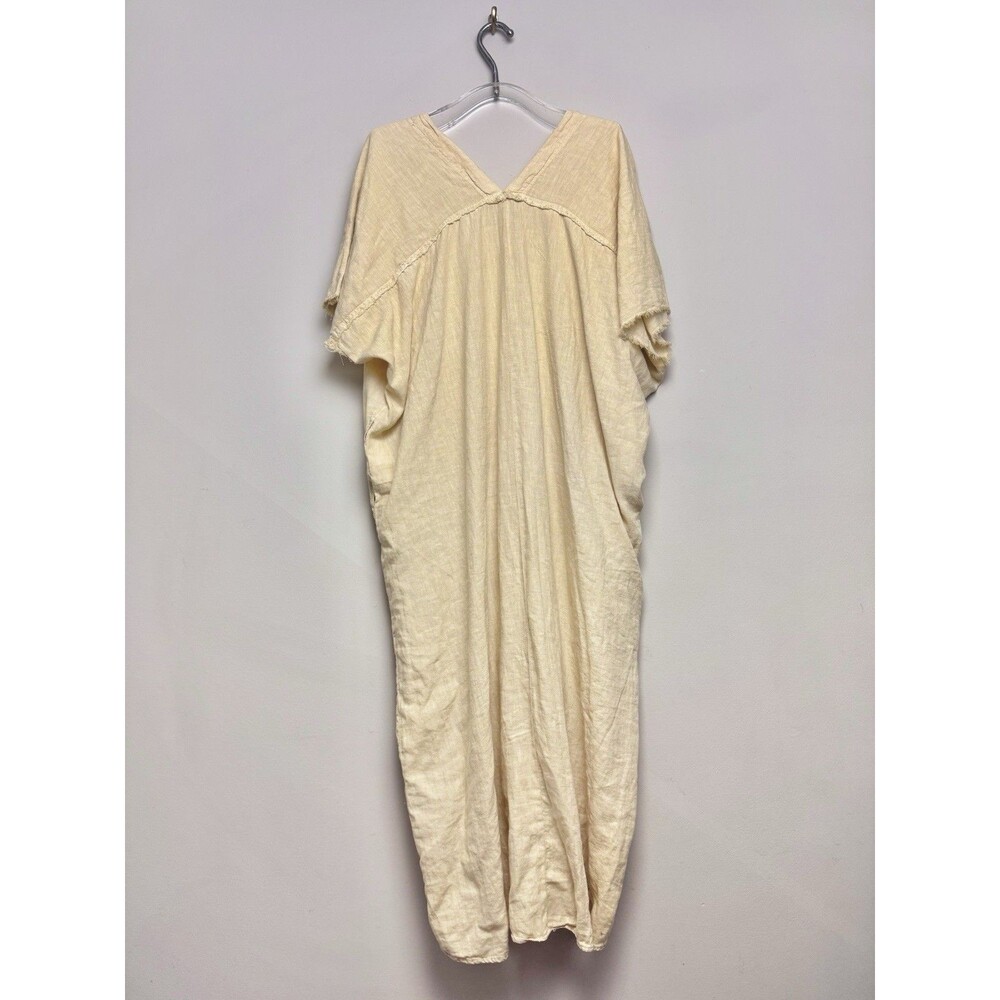 Zara Womens Linen Blend Maxi Dress Large Beige Cap Sleeve Long V Neck - Picture 3 of 6
